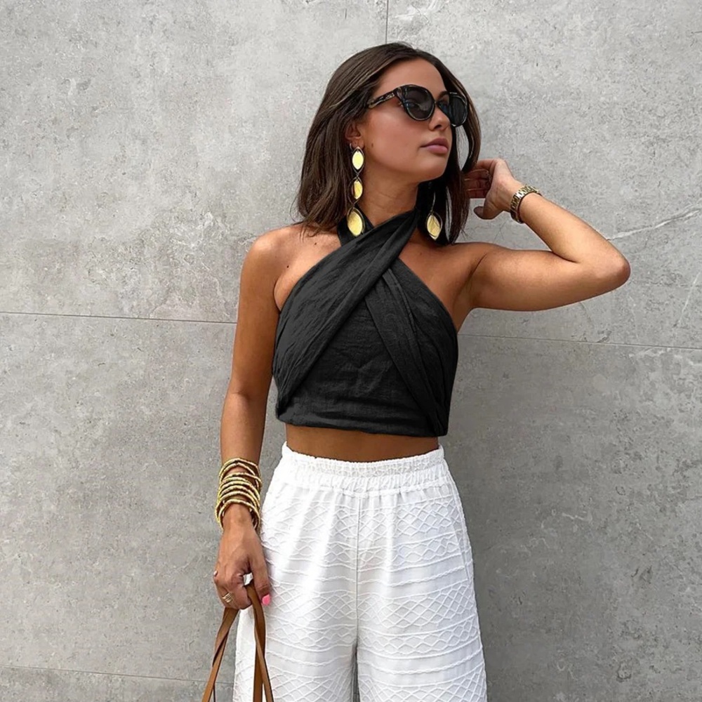 Commense Cotton & Line Crisscross Halter Tank Top in M